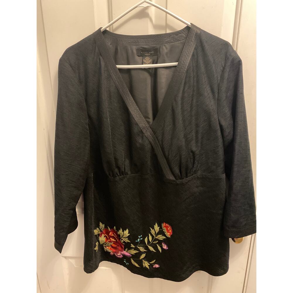 Silkland Woman Size 1X 100% Silk Black Red Floral Blouse Shirt Top Lined